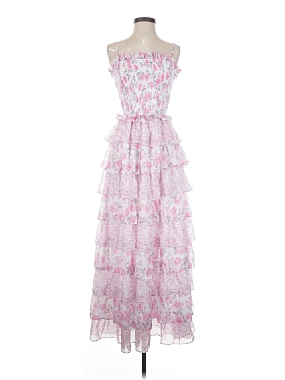 Dalia MacPhee Smocked Bodice Ruffle Tiered Floral Maxi Dress Sz Medium